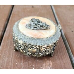 Vintage JAPAN Music Jewelry Box, Rose Design,‎ Ornate Gold Filigree, Rose Quartz